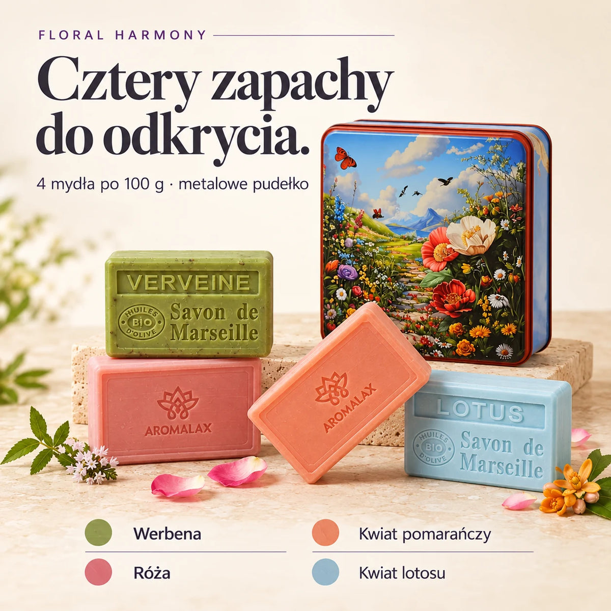 Floral Harmony — skład zestawu: Werbena • Kwiat pomarańczy • Kwiat lotosu • Róża