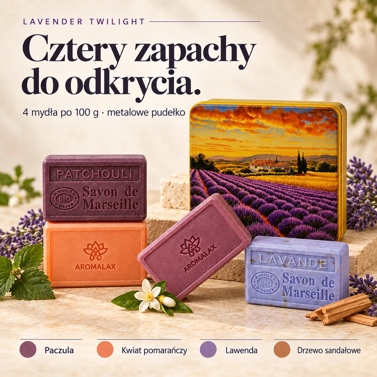 Lavender Twilight — skład zestawu: Paczula • Kwiat pomarańczy • Lawenda • Drzewo sandałowe