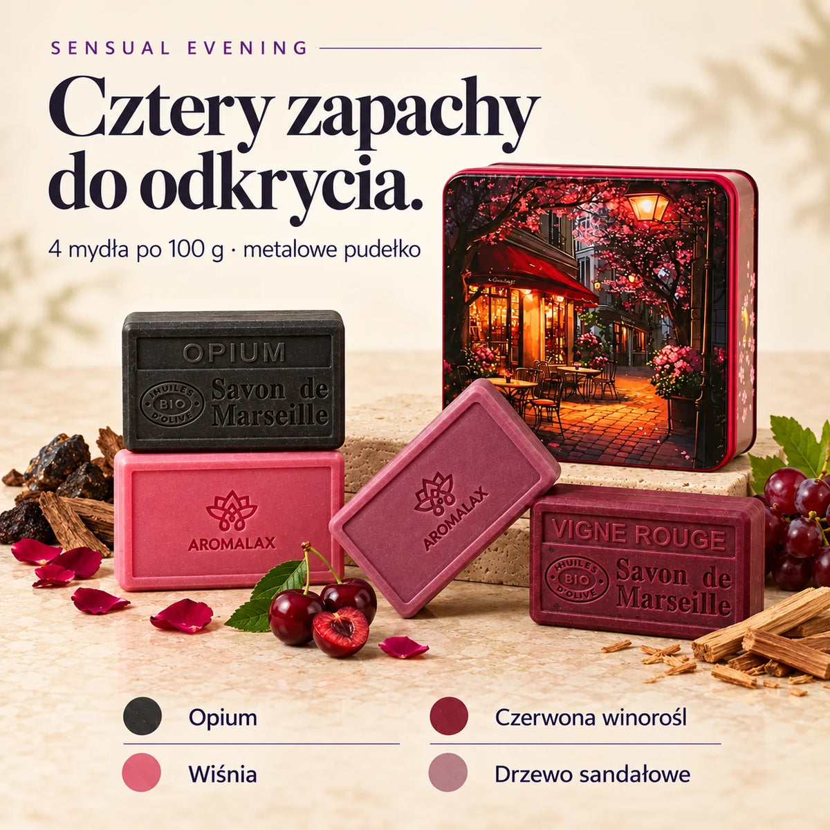 Sensual Evening — skład zestawu: Opium • Czerwona winorośl • Wiśnia • Drzewo sandałowe
