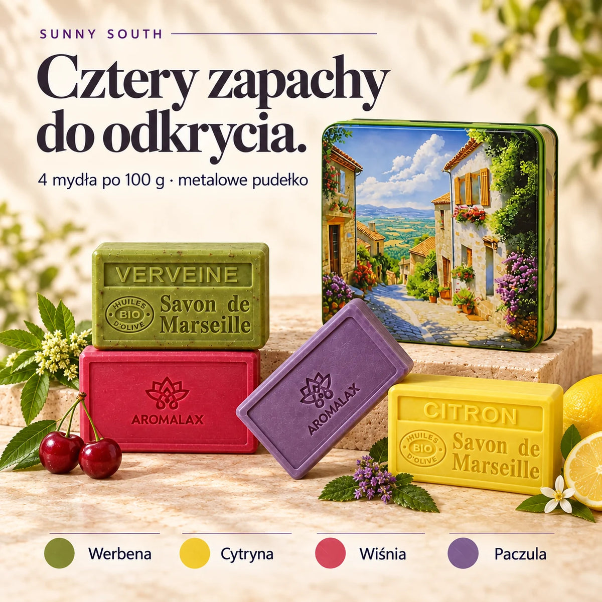 Sunny South — skład zestawu: Werbena • Cytryna • Wiśnia • Paczula